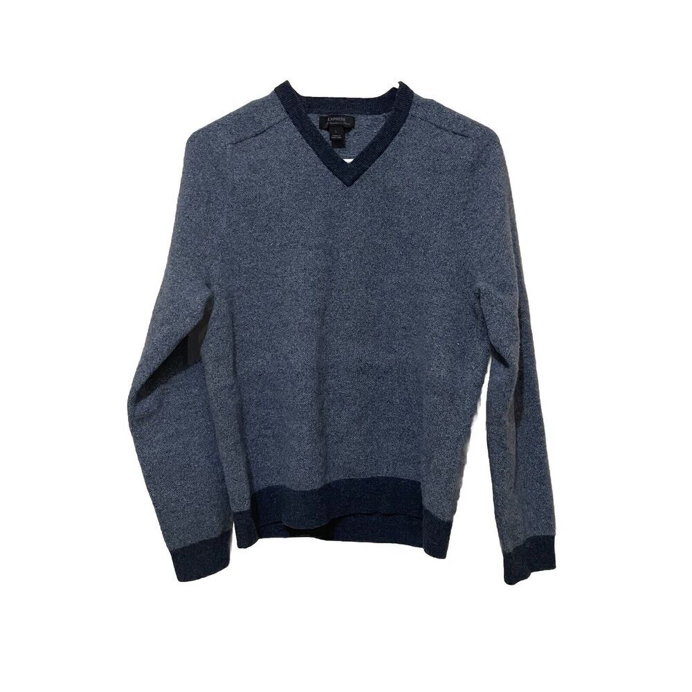 Express Mens Large Wool Cashmere Blend Long Sleeve Blue Sweater  PullOver V-Neck